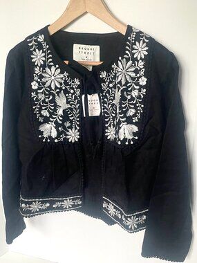 Kate Spade Black Linen Blend Crop Jacket Floral Embroidery Womens Medium